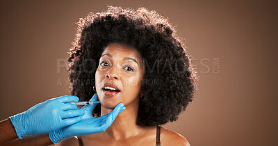 Buy stock photo Plastic surgery, lip filler and portrait of black woman with gloves for skincare, facial implant and beauty. Dermatology, studio background and person with needle for cosmetics, anti aging and change