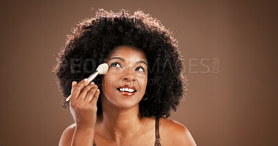 Buy stock photo Makeup brush, happy and face of black woman in studio for cosmetics, foundation and skincare. Cosmetology, brown background and African person with tools to apply beauty products, shine and makeover