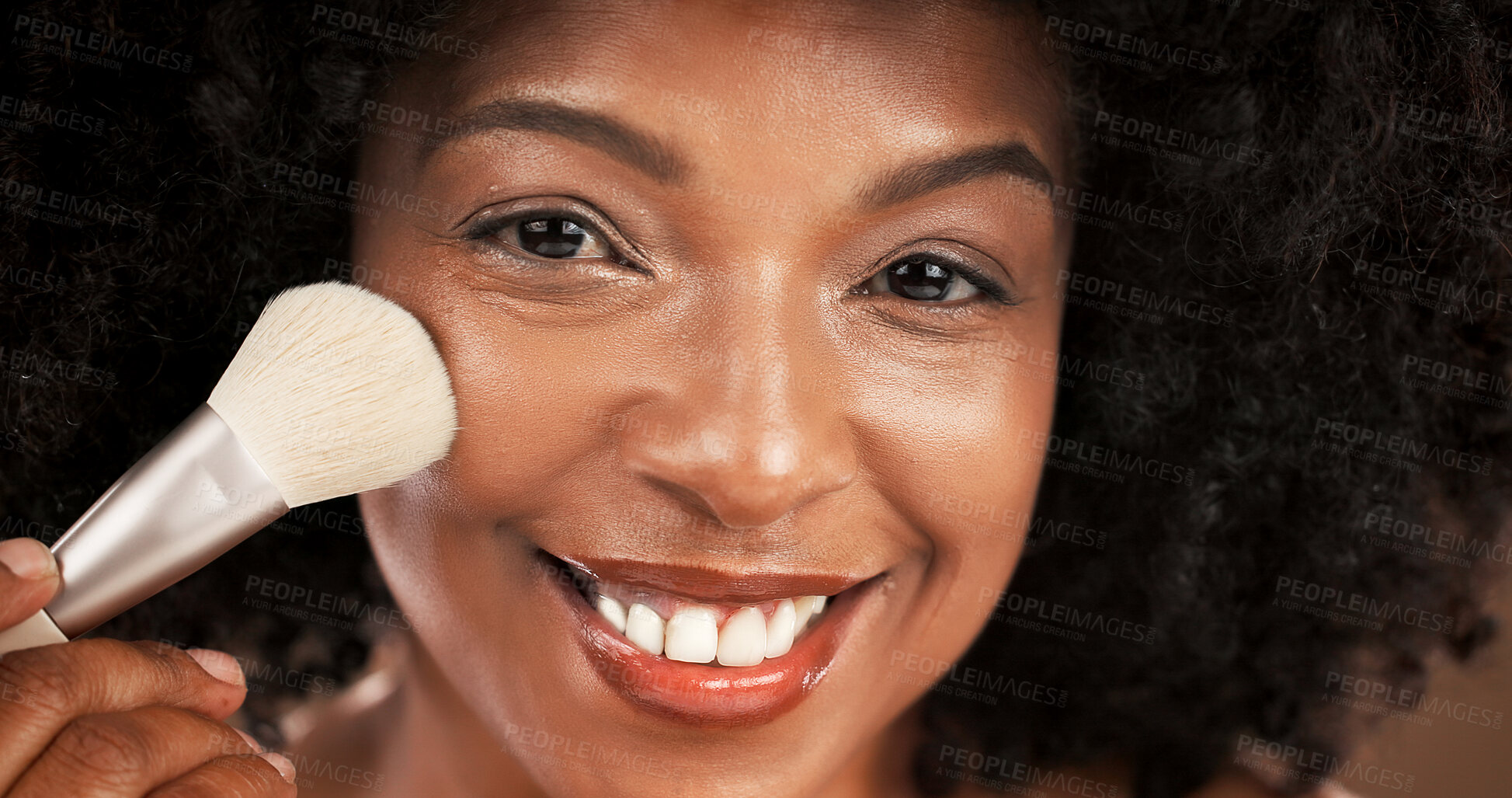 Buy stock photo Makeup brush, happy and portrait of black woman in studio for cosmetics, foundation and skincare. Cosmetology, beauty and face of African person with tools to apply products, shine and makeover