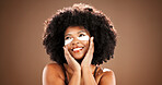 Eye mask, beauty and black woman in studio thinking for dark circles, hydration and wellness. Dermatology, happy and African person with pads for collagen, anti aging and facial on brown background