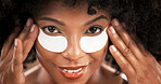 Skincare, eye mask and portrait of black woman for facial care, dark circles and wellness. Dermatology, collagen and face of person for beauty, anti aging and cosmetics for health on brown background
