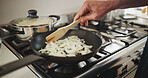 Cooking, hands and chef with pan in kitchen, culinary skills or meal prep for dinner or ingredients. Catering business, entrepreneur and person with recipe for gourmet, process and onions in pot