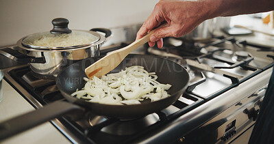 Buy stock photo Cooking, hands and chef with pan in kitchen, culinary skills or meal prep for dinner or ingredients. Catering business, entrepreneur and person with recipe for gourmet, process and onions to saute
