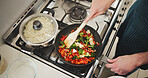 Cooking, chef and hands with ingredients in kitchen, healthy food or meal prep for catering business. Above, entrepreneur and person with pan for cuisine, nutrition and vegetables for dinner and dish