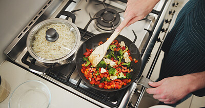 Buy stock photo Cooking, chef and hands with ingredients in kitchen, healthy food or meal prep for catering business. Above, entrepreneur and person with pan for cuisine, nutrition and vegetables for dinner in home