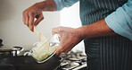 Kitchen, pan and hands with onions for meal prep, entrepreneur or ingredients for cuisine or dinner. Cooking, chef and person with culinary skills for catering business, process and recipe for dish