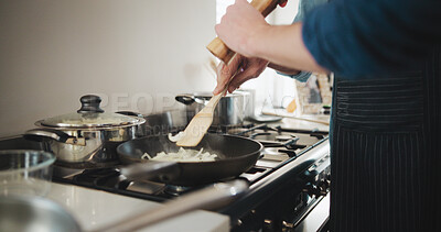 Buy stock photo Cooking, hands and culinary skills with pan in kitchen, chef or meal prep for dinner or ingredients. Catering business, entrepreneur and person with recipe for nutrition, process and onions to saute