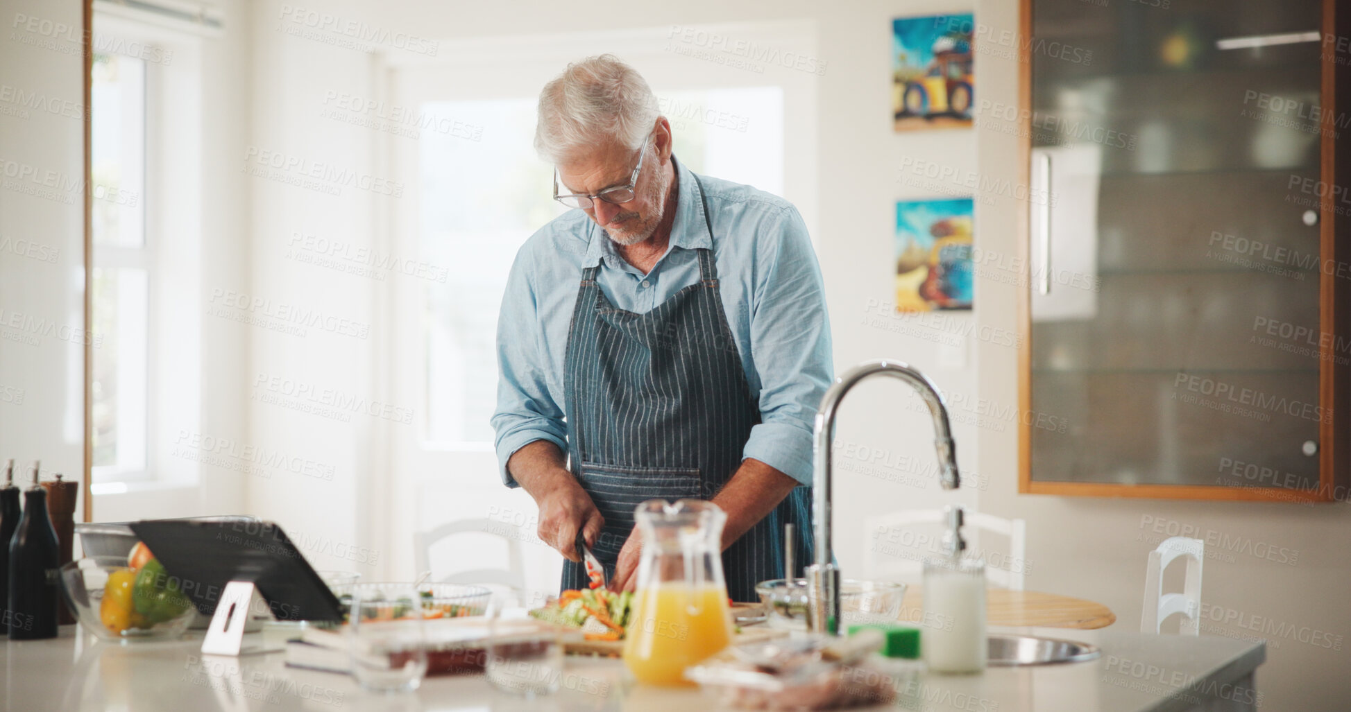 Buy stock photo Kitchen, senior or man with tablet for cooking recipe method, lunch and guide in home. Online tutorial, retirement or elderly person with blog for ingredients instruction, food or meal prep steps