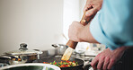 Cooking, hands and chef with salt in kitchen, flavor or culinary skills for meal prep or ingredients. Mixing, entrepreneur and person with seasoning for taste, recipe and healthy food for restaurant
