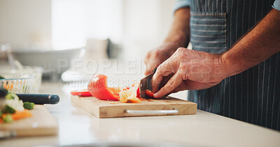 Buy stock photo Health, hands and man cutting vegetables in home for cooking dinner, meal or supper for diet food. Knife, ingredients and chef chopping fresh peppers for wellness, nutrition or recipe in kitchen.