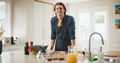 Buy stock photo Kitchen, portrait or happy man on tablet for cooking recipe method, lunch or guide in home. Online tutorial, confident or person on touchscreen with ingredients instruction, food or meal prep steps