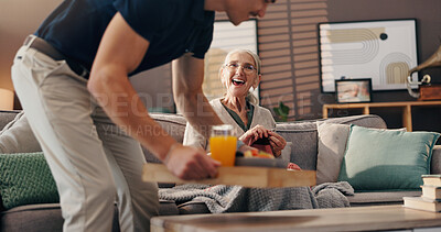 Buy stock photo Happy, senior woman or caregiver with breakfast tray for hospitality or service at old age home. Female person, patient or smile with carer for elderly care, meal or accommodation at retirement house