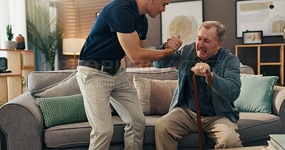 Buy stock photo Senior man, caregiver or help with walking stick on sofa for mobility, assistance or fibromyalgia. Health worker, old person or support with cane in nursing home for injury recovery or rehabilitation