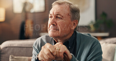 Buy stock photo Retirement, think and old man with walking stick, lounge or remember memories of past, sad and home. Depression, pensioner and elderly person with disability, reflection or unhappy with cane in house