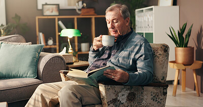 Buy stock photo Read, book and old man with coffee in home, retirement or relax in living room with novel and drink. Calm, pensioner and elderly person with hot beverage, tea and literature in lounge or knowledge