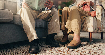 Buy stock photo Old couple, read and knitting in living room, legs or elderly people with hobby and retirement home. House, feet and woman with needlework in lounge, reader and senior man with novel for knowledge