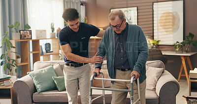 Buy stock photo Old man, caregiver and help with walker in home for mobility support, assistance or rehabilitation. Health worker, senior person and walking guide in assisted living facility for balance and recovery