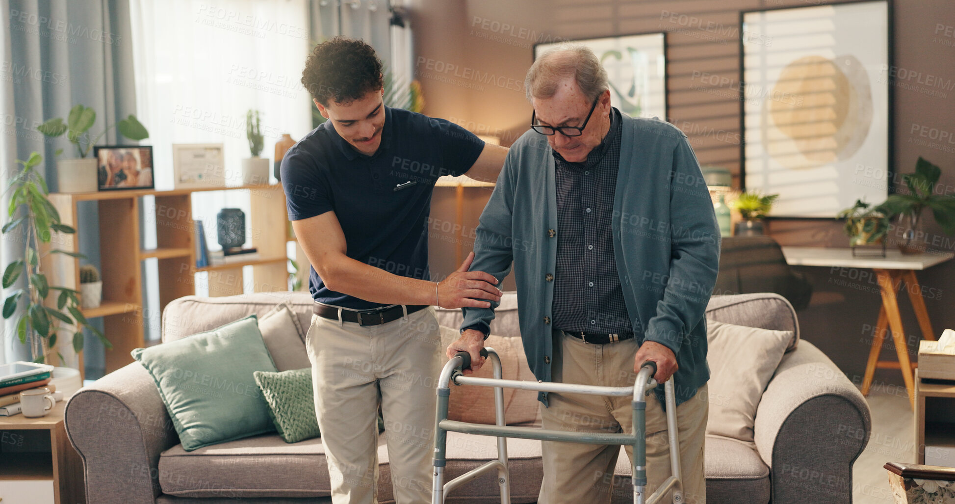 Buy stock photo Old man, caregiver and help with walker in home for mobility support, assistance or rehabilitation. Health worker, senior person and walking guide in assisted living facility for balance and recovery