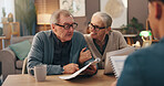 Senior couple, documents and financial advisor with retirement plan for asset management at house. Elderly man, woman and paperwork with accountant for pension fund or application at old age home