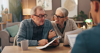 Buy stock photo Senior couple, documents and financial advisor with retirement plan for asset management at house. Elderly man, woman and paperwork with accountant for pension fund or application at old age home
