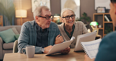 Buy stock photo Elderly couple, documents and financial advisor with retirement plan for asset management at house. Senior man, woman and paperwork with accountant for pension fund or application at old age home
