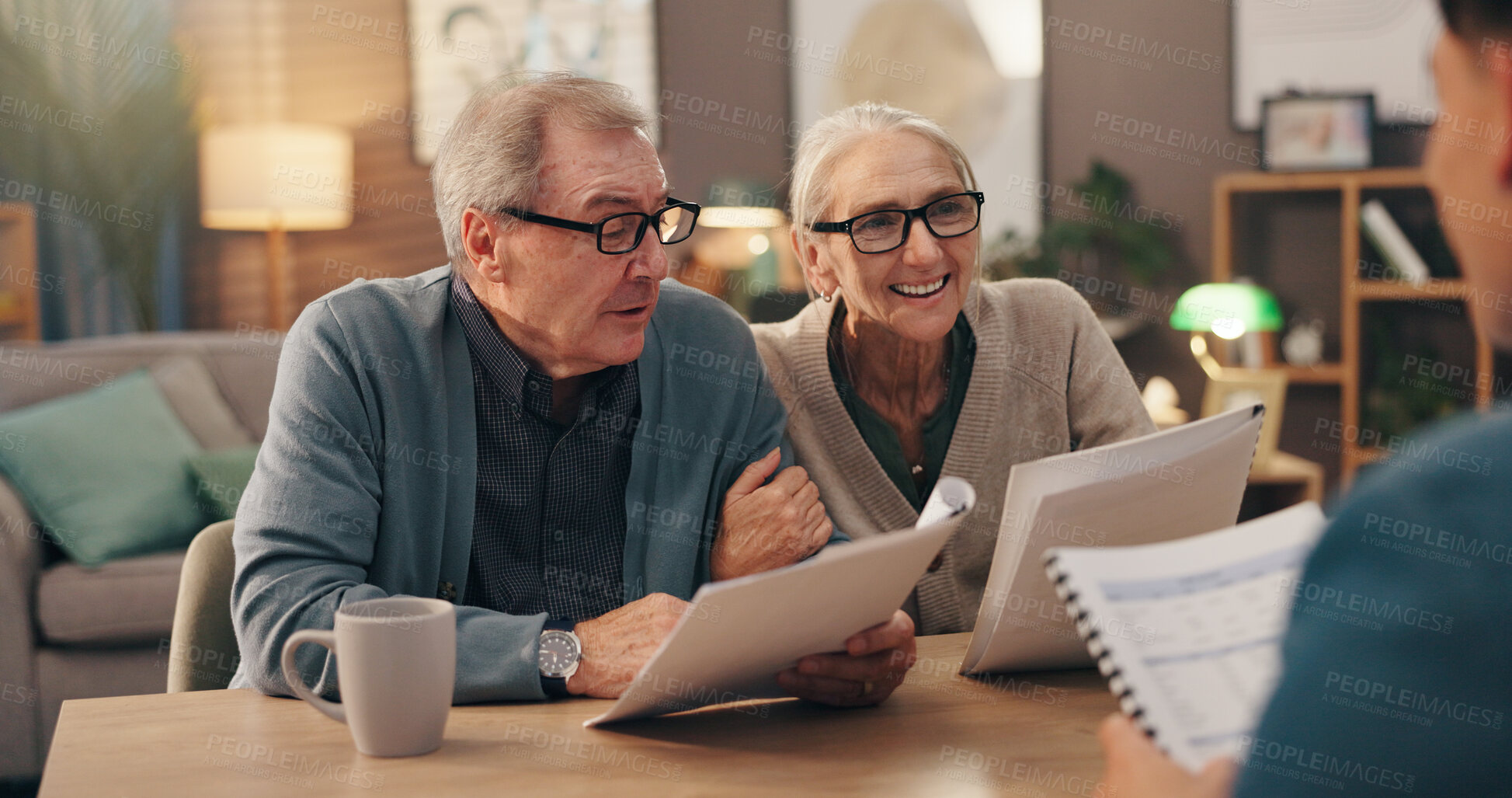 Buy stock photo Elderly couple, documents and financial advisor with retirement plan for asset management at house. Senior man, woman and paperwork with accountant for pension fund or application at old age home