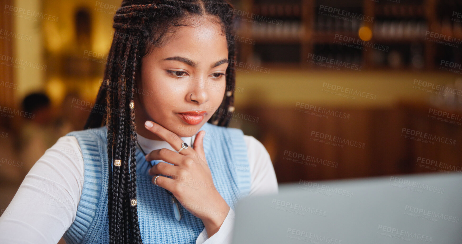 Buy stock photo Thinking, coffee shop and woman on laptop for learning, online education and assignment in cafe. Restaurant, student and person on computer to research for school project, university paper and exam
