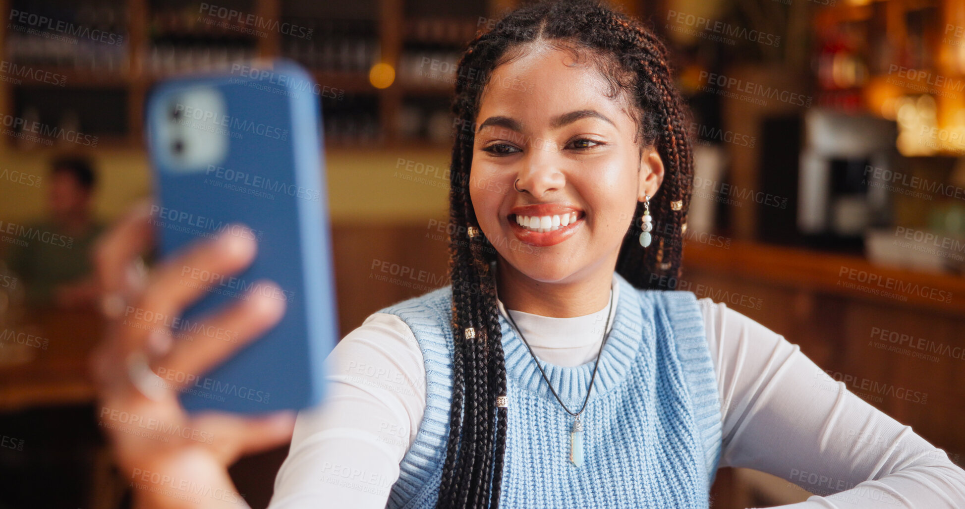 Buy stock photo African woman, selfie and happy at cafe with post on web for social network, memory and live streaming. Gen z girl, influencer and smile with photography, app and profile picture at coffee shop