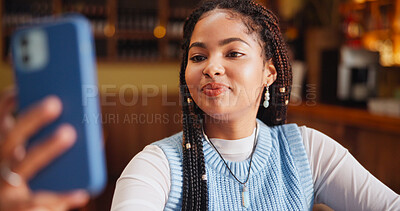 Buy stock photo African woman, selfie and smile at cafe with post on web for social network, memory and live streaming. Gen z girl, influencer and happy with photography, app and profile picture at restaurant