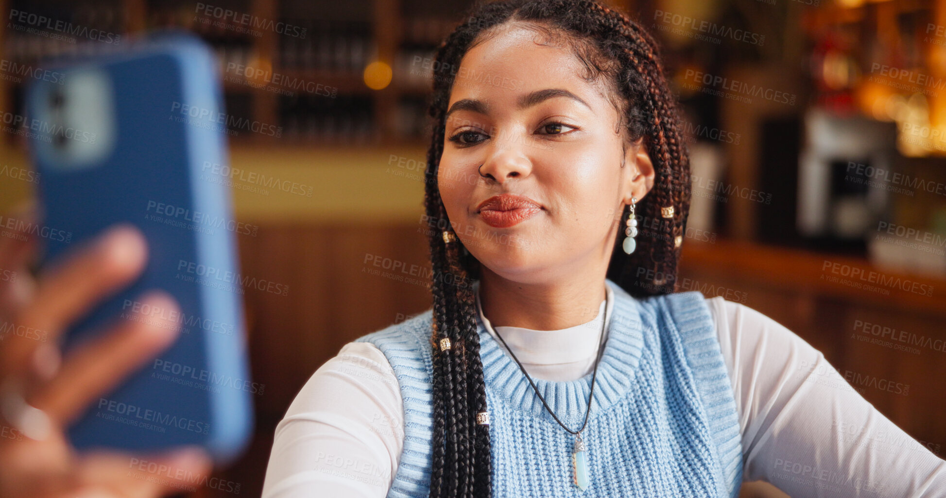 Buy stock photo African woman, selfie and smile at cafe with post on web for social network, memory and live streaming. Gen z girl, influencer and happy with photography, app and profile picture at restaurant