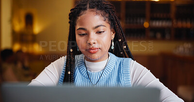 Buy stock photo Reading, coffee shop and woman on laptop for learning, online education and assignment in cafe. Restaurant, student and person on computer to research for school project, university and internet