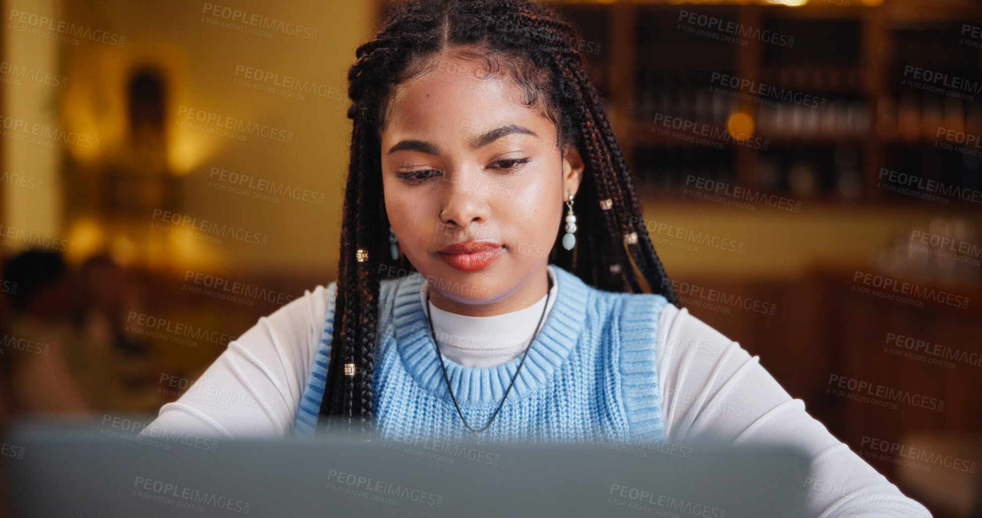 Buy stock photo Reading, coffee shop and woman on laptop for learning, online education and assignment in cafe. Restaurant, student and person on computer to research for school project, university and internet