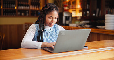 Buy stock photo Student, coffee shop and woman on laptop for learning, online education and assignment in cafe. Restaurant, reading and person on computer for research, school project and university assessment