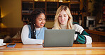 Students, laptop or women in cafe, discussion or knowledge with brainstorming. Education, friends or collaboration in restaurant, computer or studying together with research for project or assignment