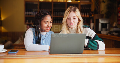 Buy stock photo Students, laptop or women in cafe, discussion or knowledge with brainstorming. Education, friends or collaboration in restaurant, computer or studying together with research for project or assignment