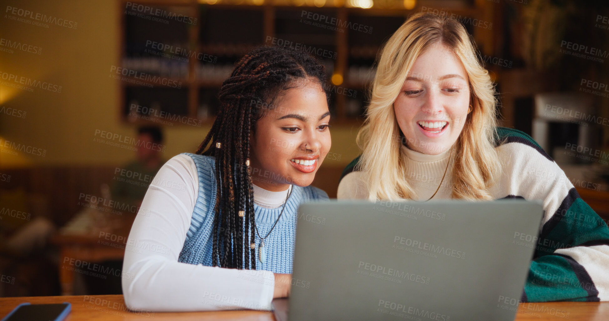 Buy stock photo Students, laptop and women in coffee shop, planning and knowledge with discussion. Studying together, friends and collaboration in cafe, pc and university with research for project, college and email
