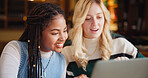 Students, laptop and women in cafe, conversation or knowledge with brainstorming. People, friends or collaboration in restaurant, computer or discussion with research for project or studying together