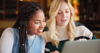 Buy stock photo Students, laptop and women in cafe, conversation or knowledge with brainstorming. People, friends or collaboration in restaurant, computer or discussion with research for project or studying together