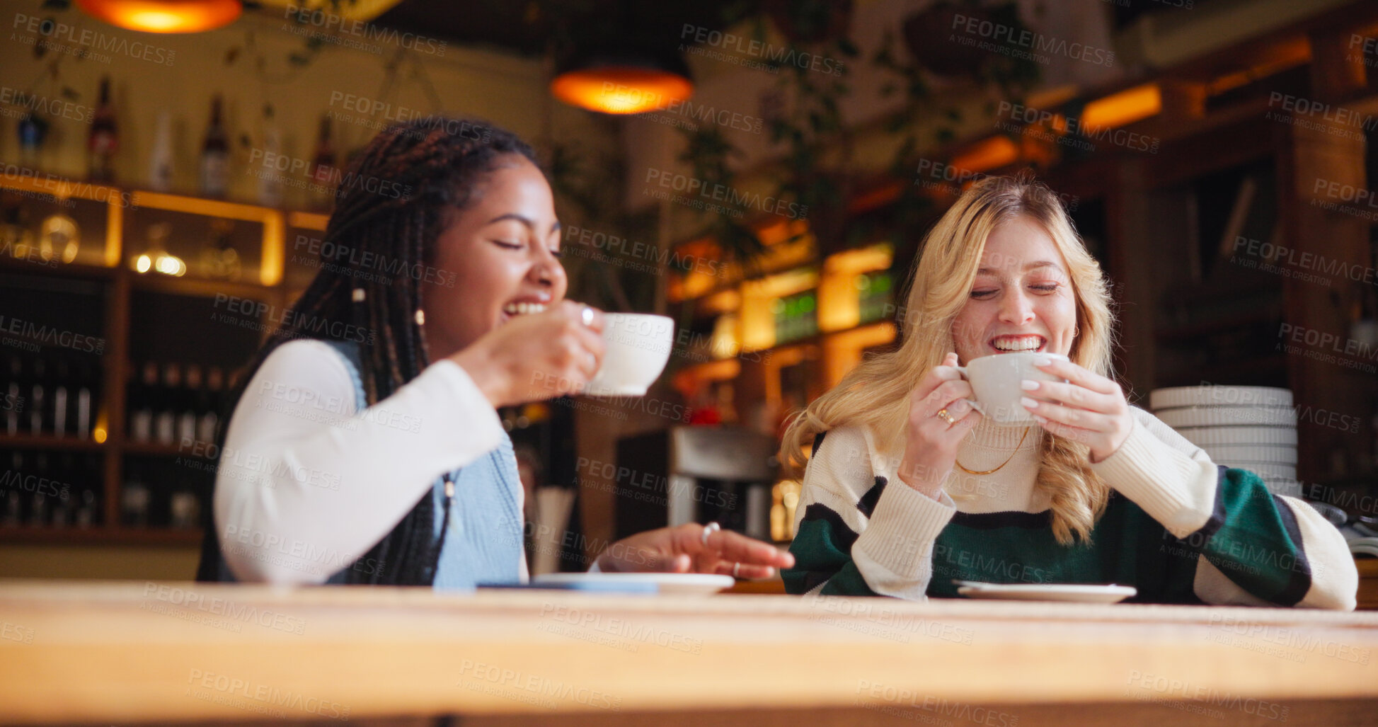 Buy stock photo Coffee shop, friends and happy women with drink in conversation for hangout, reunion and bonding. Restaurant, cafe and people with beverage, talking and gossip for relationship, social chat and relax