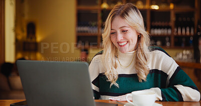 Buy stock photo Happy, coffee shop and woman on laptop for learning, online education and assignment in cafe. Restaurant, student and person on computer for research for school project, university and digital lesson