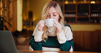Buy stock photo Woman, student and drink with coffee cup at shop for study, project and break with beverage at diner. Girl, person and computer with tea, caffeine or latte for scholarship in morning at cafeteria