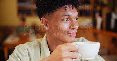 Buy stock photo Man, coffee and happy with thinking at cafe for memory, drink and relax with inspiration at restaurant. Person, smile and tea cup with reflection, remember and perspective with beverage at diner