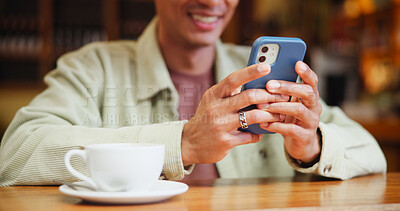 Buy stock photo Hands, phone and texting with app at cafe with contact, typing and streaming on web at restaurant. Person, smartphone and click with chat, search and check post with social media at coffee shop