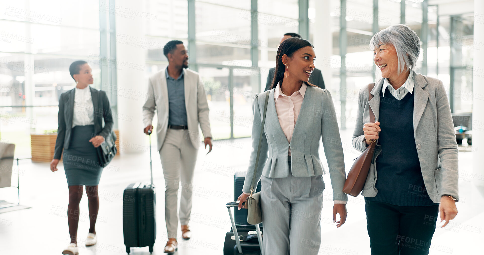 Buy stock photo Business travel, colleagues and people with luggage, airport or team on international trip for case. Group, talk and collaboration for trial, abroad and commuting with suitcase, attorney and walk