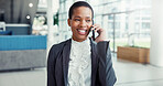 Business, phone call and black woman in office, smile and talking to contact, financial expert or advice. African person, accounting or employee in workplace, smartphone or communication with economy
