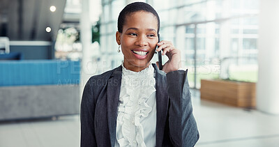 Buy stock photo Business, phone call and black woman in office, smile and talking to contact, financial expert or advice. African person, accounting or employee in workplace, smartphone or communication with economy