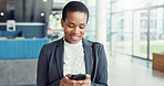 Phone, happy and black woman in office for contact, communication or business connectivity. Cellphone, smile and African female financial manager with research, networking or online negotiation.