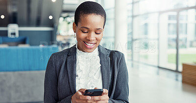 Buy stock photo Phone, happy and black woman in office for contact, communication or business connectivity. Cellphone, smile and African female financial manager with research, networking or online negotiation.