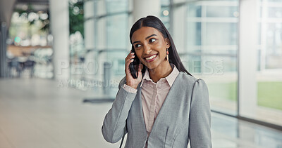 Buy stock photo Business, phone call and woman in office, smile and talking to contact, financial expert or economy. Happy person, accounting or employee in workplace, smartphone or communication with negotiation