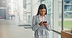 Phone, communication and businesswoman in office for contact, email or networking on app. Happy, cellphone and financial manager with notification for research, negotiation or investment in workplace